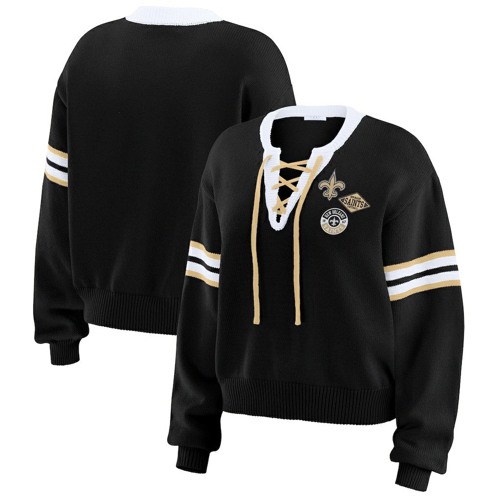 New Orleans Saints WEAR by Erin Andrews Women's Lace-Up Pullover Sweatshirt Black - NFL