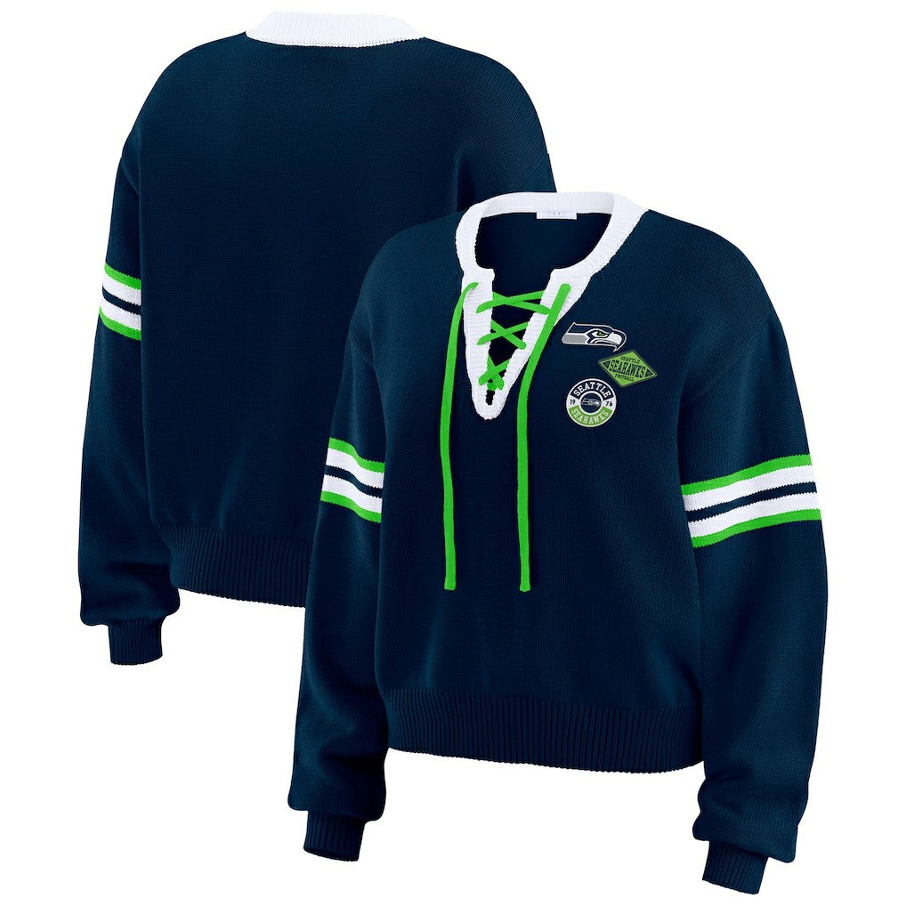 Seattle Seahawks WEAR by Erin Andrews Women's Lace-Up Pullover Sweatshirt Navy - NFL
