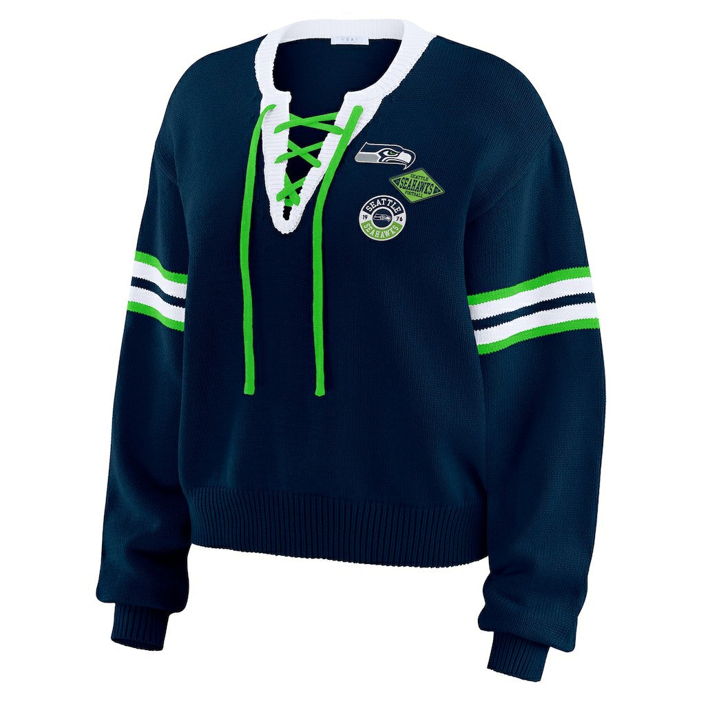 Seattle Seahawks WEAR by Erin Andrews Women's Lace-Up Pullover Sweatshirt Navy - NFL