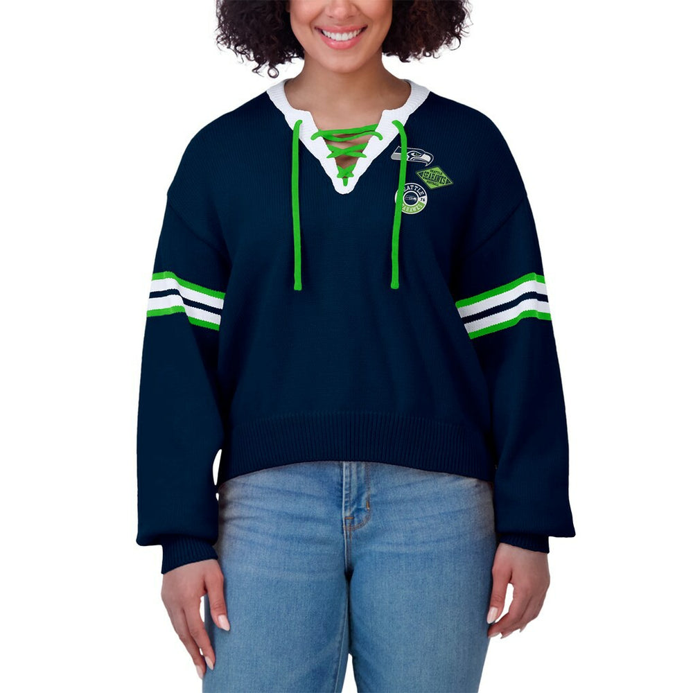 Seattle Seahawks WEAR by Erin Andrews Women's Lace-Up Pullover Sweatshirt Navy - NFL