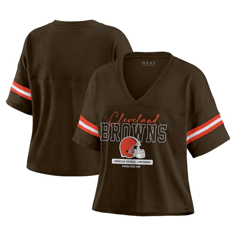 Cleveland Browns WEAR by Erin Andrews Women's Color Block Boxy Modest Crop V-Neck T-Shirt Brown - NFL