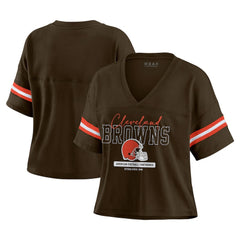 Cleveland Browns WEAR by Erin Andrews Women's Color Block Boxy Modest Crop V-Neck T-Shirt Brown - NFL