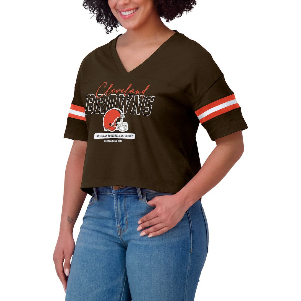 Cleveland Browns WEAR by Erin Andrews Women's Color Block Boxy Modest Crop V-Neck T-Shirt Brown - NFL