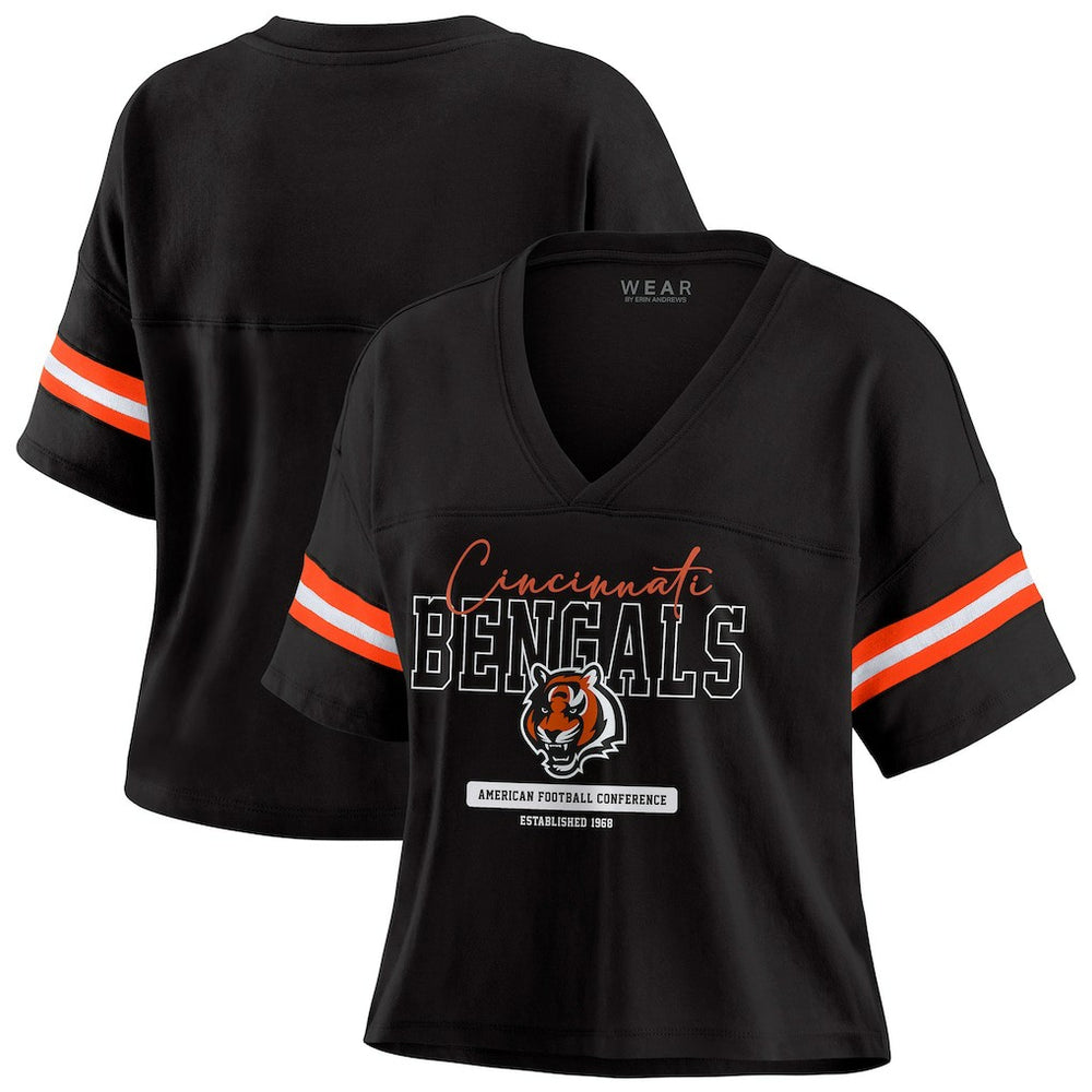 Cincinnati Bengals WEAR by Erin Andrews Women's Color Block Boxy Modest Crop V-Neck T-Shirt Black - NFL