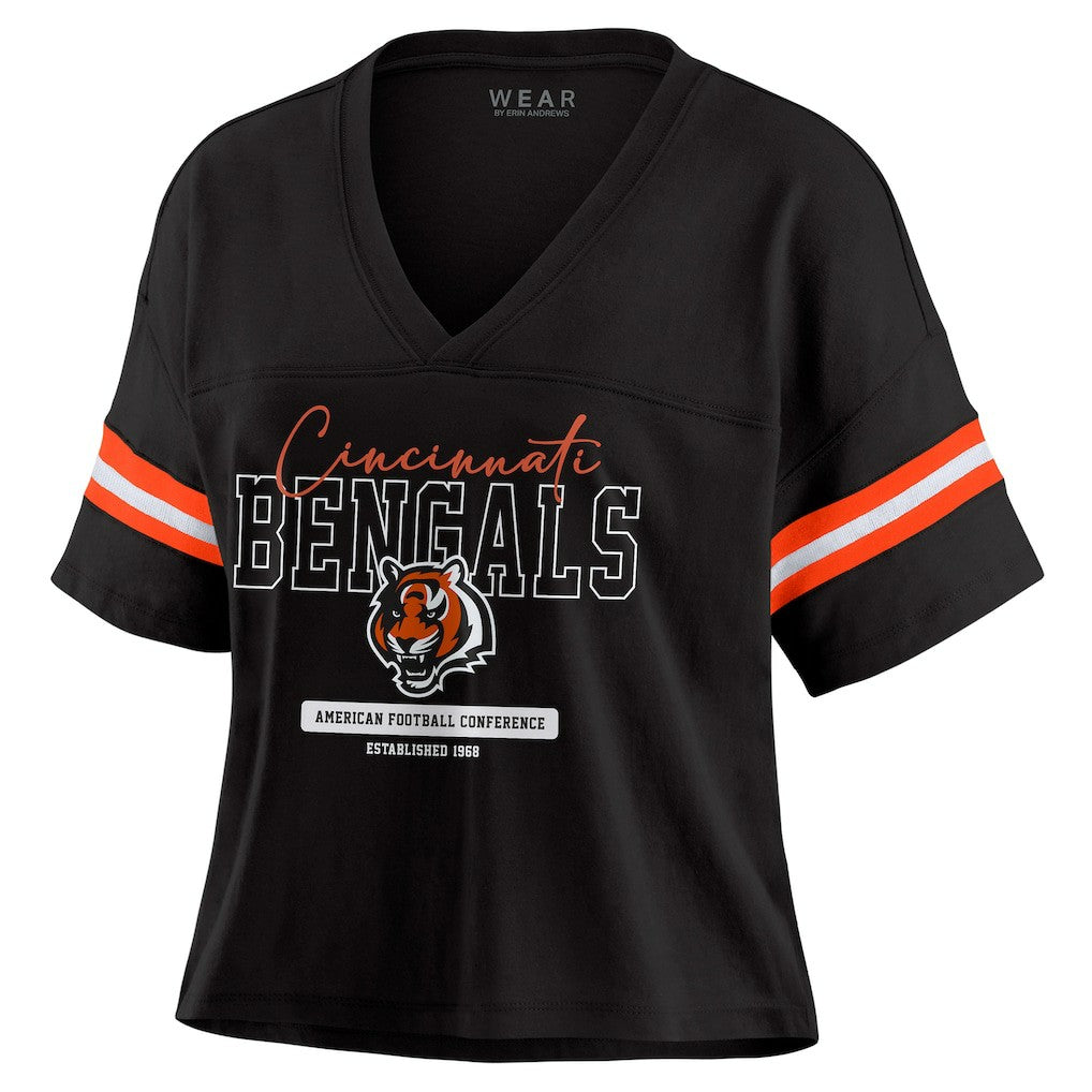 Cincinnati Bengals WEAR by Erin Andrews Women's Color Block Boxy Modest Crop V-Neck T-Shirt Black - NFL