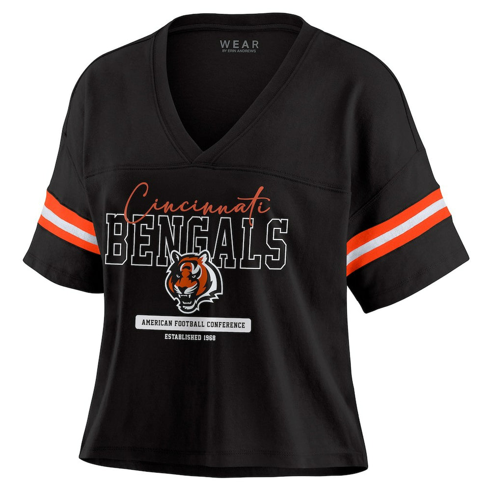 Cincinnati Bengals WEAR by Erin Andrews Women's Color Block Boxy Modest Crop V-Neck T-Shirt Black - NFL