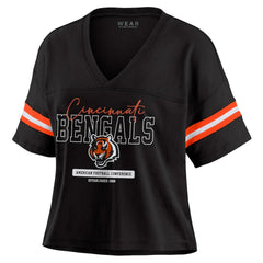 Cincinnati Bengals WEAR by Erin Andrews Women's Color Block Boxy Modest Crop V-Neck T-Shirt Black - NFL