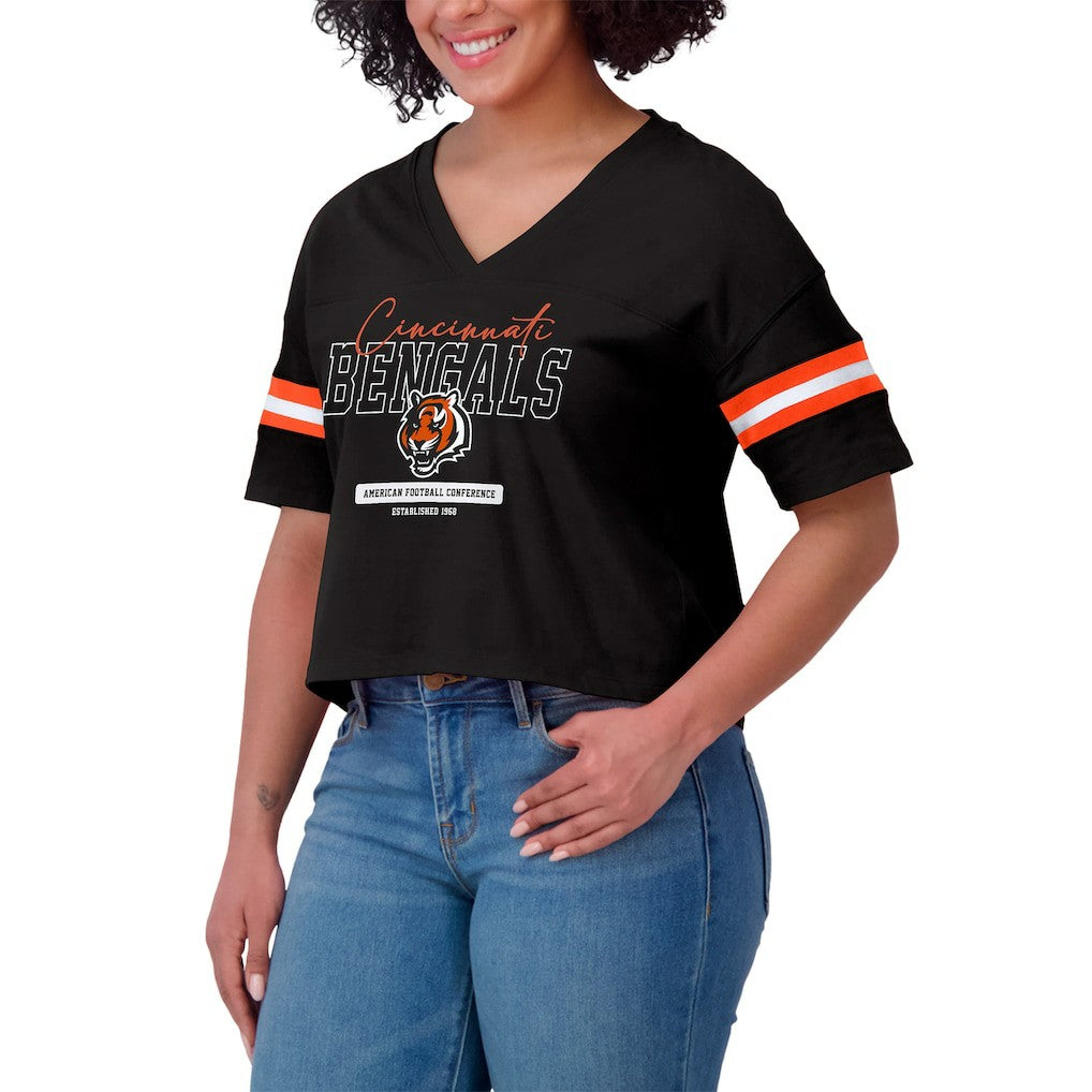 Cincinnati Bengals WEAR by Erin Andrews Women's Color Block Boxy Modest Crop V-Neck T-Shirt Black - NFL