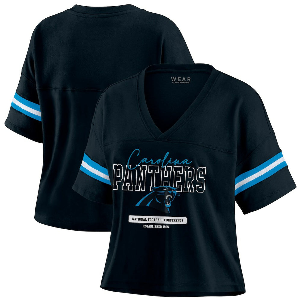 Carolina Panthers WEAR by Erin Andrews Women's Color Block Boxy Modest Crop V-Neck T-Shirt Black - NFL