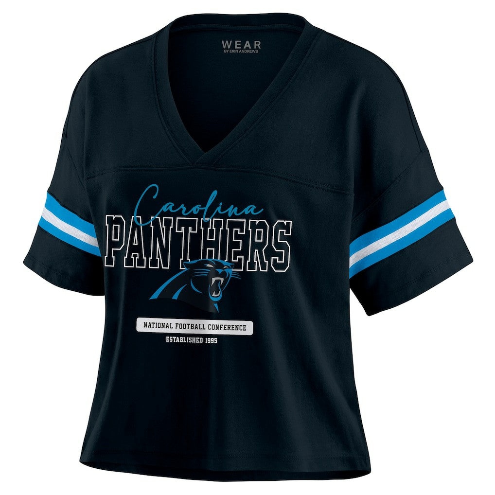 Carolina Panthers WEAR by Erin Andrews Women's Color Block Boxy Modest Crop V-Neck T-Shirt Black - NFL