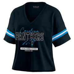 Carolina Panthers WEAR by Erin Andrews Women's Color Block Boxy Modest Crop V-Neck T-Shirt Black - NFL