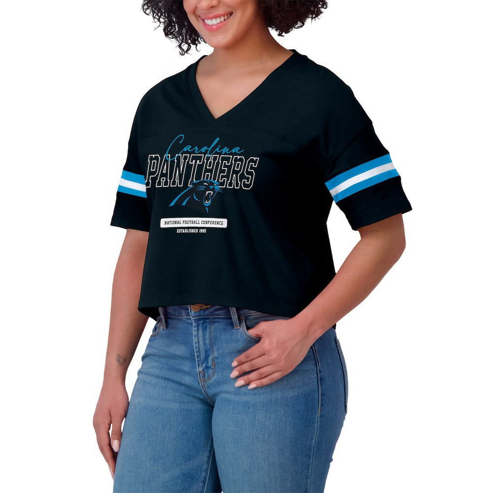 Carolina Panthers WEAR by Erin Andrews Women's Color Block Boxy Modest Crop V-Neck T-Shirt Black - NFL