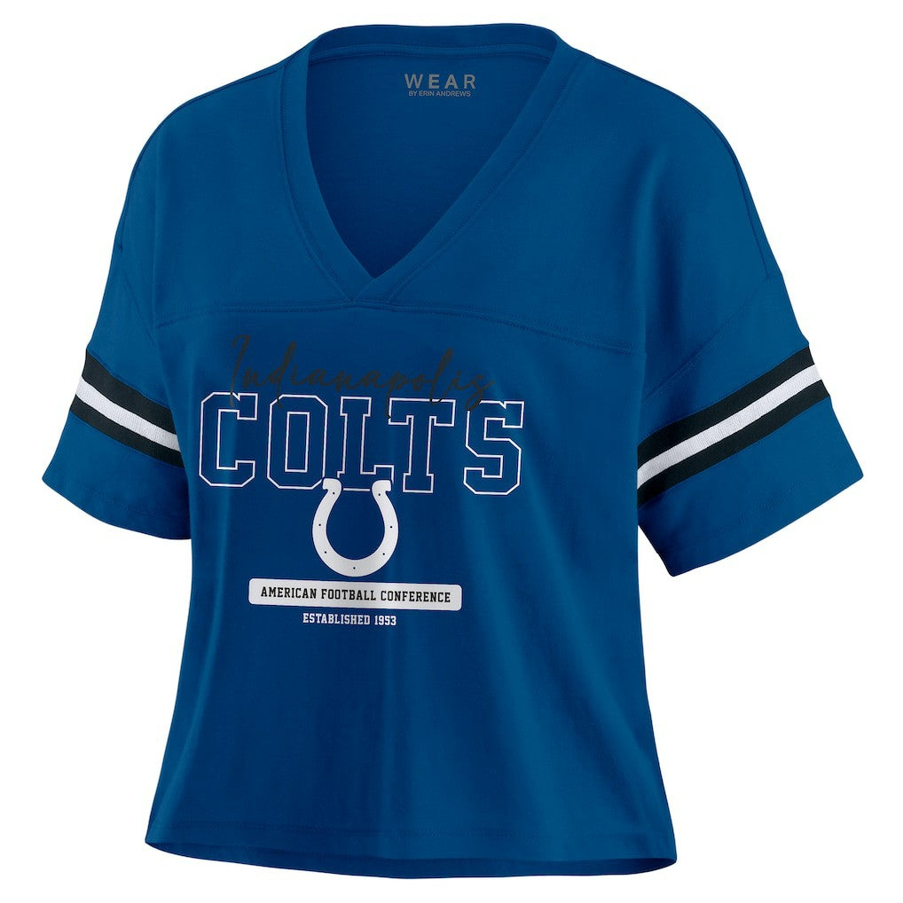 Indianapolis Colts WEAR by Erin Andrews Women's Color Block Boxy Modest Crop V-Neck T-Shirt Royal - NFL
