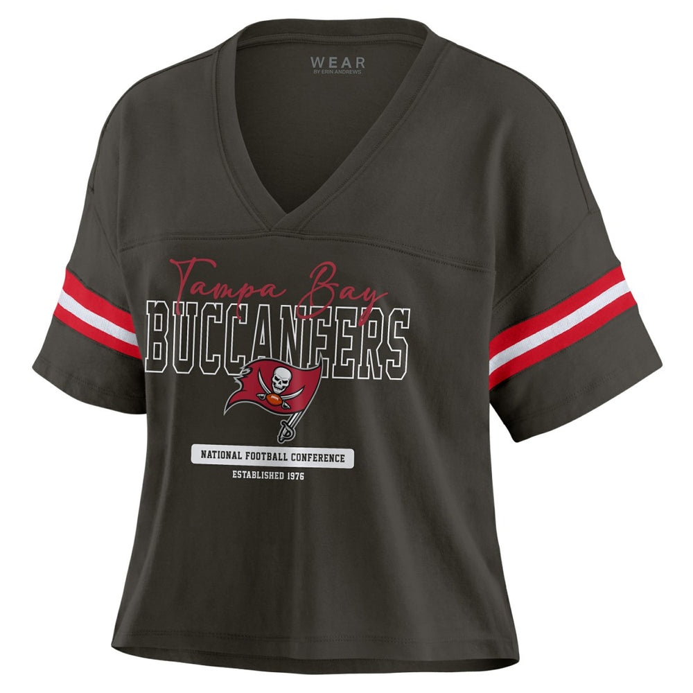 Tampa Bay Buccaneers WEAR by Erin Andrews Women's Color Block Boxy Modest Crop V-Neck T-Shirt Orange - NFL