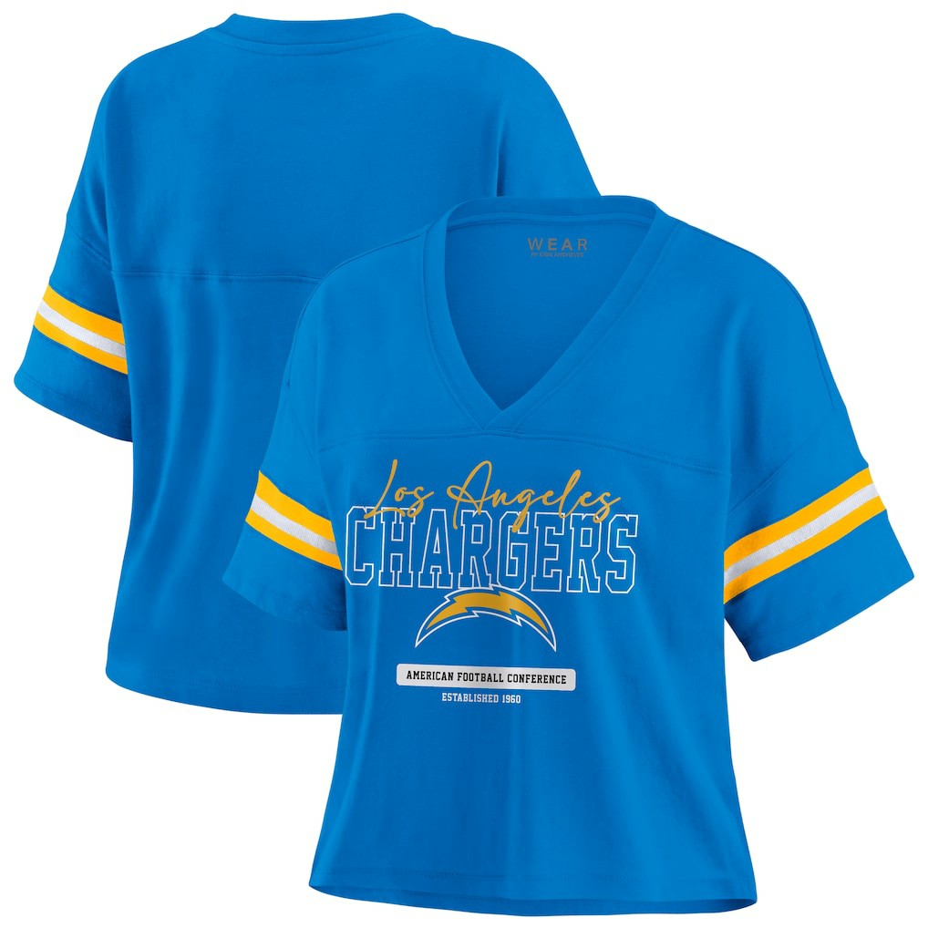 Los Angeles Chargers WEAR by Erin Andrews Women's Color Block Boxy Modest Crop V-Neck T-Shirt Powder Blue - NFL