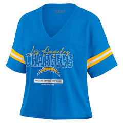 Los Angeles Chargers WEAR by Erin Andrews Women's Color Block Boxy Modest Crop V-Neck T-Shirt Powder Blue - NFL