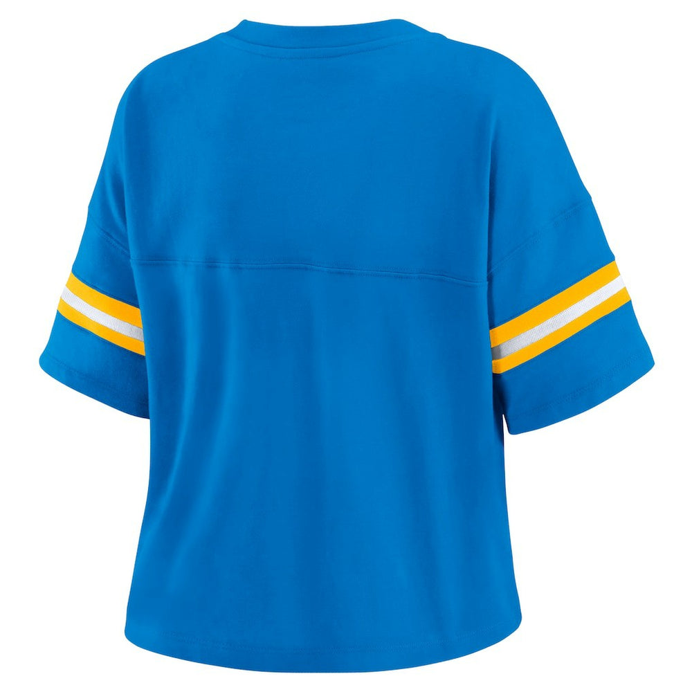Los Angeles Chargers WEAR by Erin Andrews Women's Color Block Boxy Modest Crop V-Neck T-Shirt Powder Blue - NFL