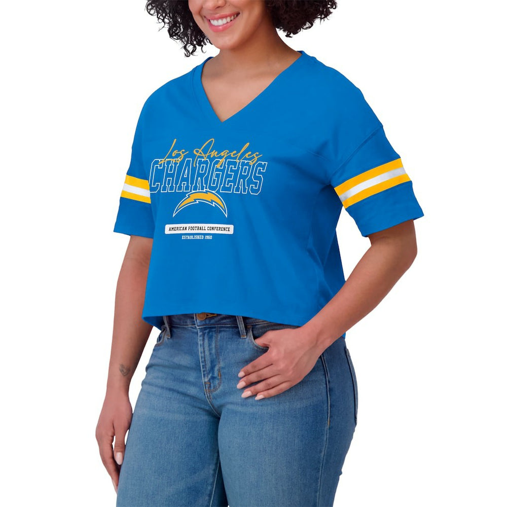 Los Angeles Chargers WEAR by Erin Andrews Women's Color Block Boxy Modest Crop V-Neck T-Shirt Powder Blue - NFL