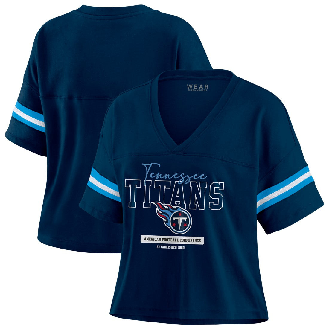 Tennessee Titans WEAR by Erin Andrews Women's Color Block Boxy Modest Crop V-Neck T-Shirt Navy - NFL
