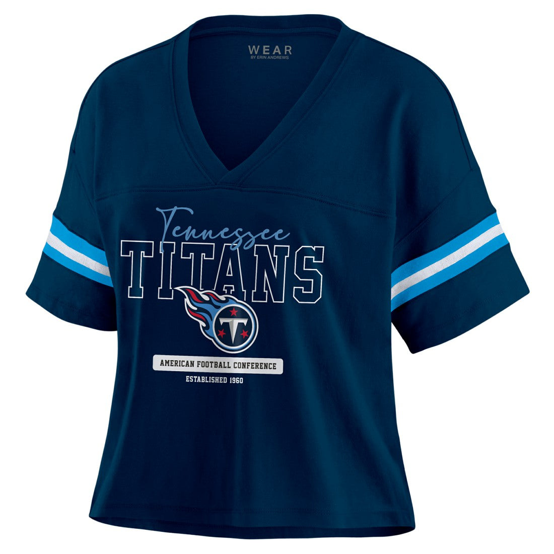 Tennessee Titans WEAR by Erin Andrews Women's Color Block Boxy Modest Crop V-Neck T-Shirt Navy - NFL