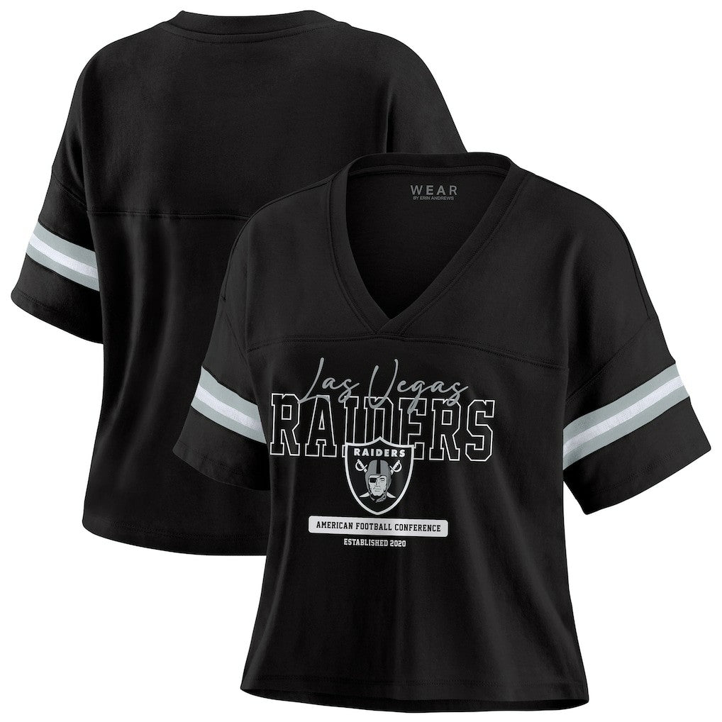 Las Vegas Raiders WEAR by Erin Andrews Women's Color Block Boxy Modest Crop V-Neck T-Shirt Black - NFL