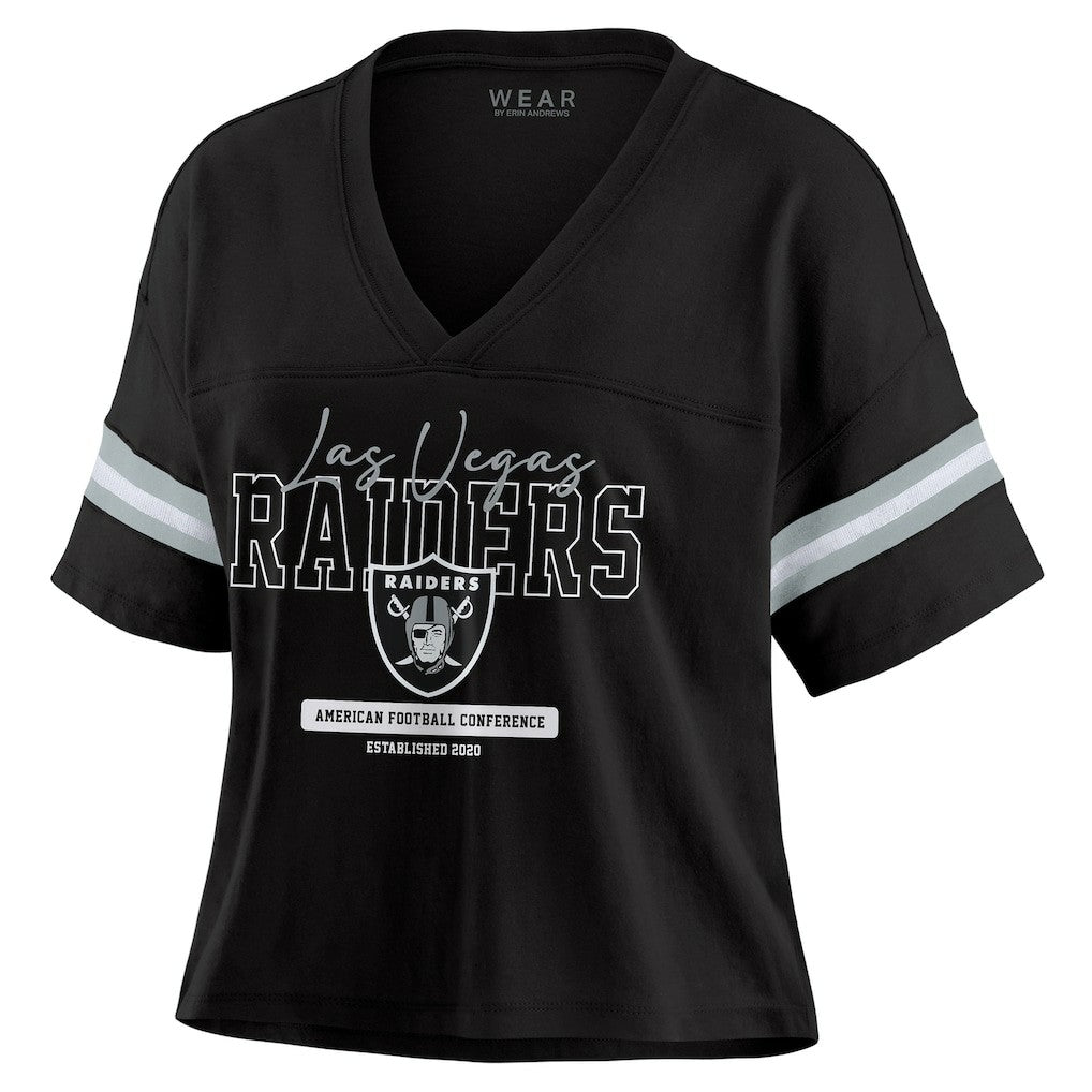 Las Vegas Raiders WEAR by Erin Andrews Women's Color Block Boxy Modest Crop V-Neck T-Shirt Black - NFL