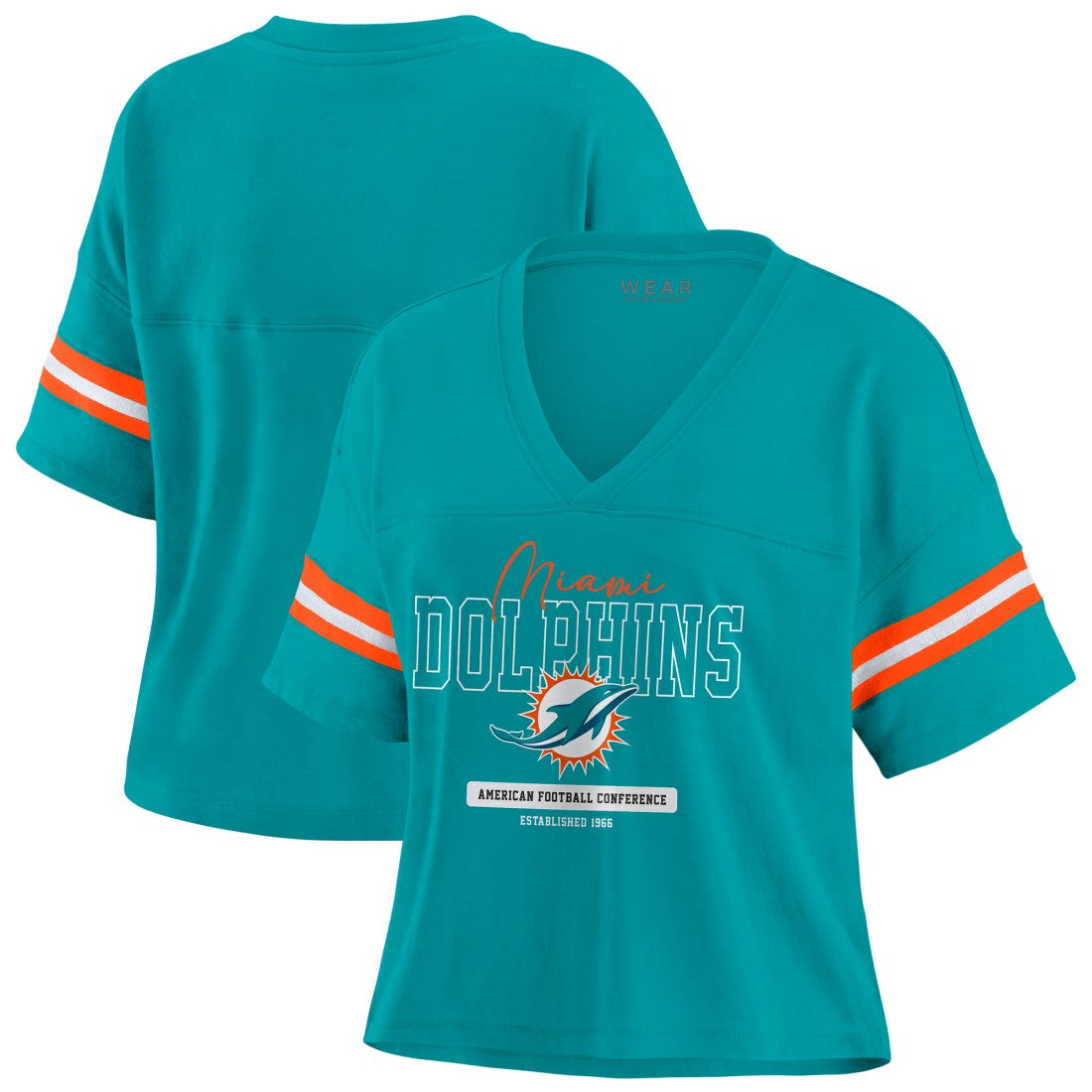 Miami Dolphins WEAR by Erin Andrews Women's Color Block Boxy Modest Crop V-Neck T-Shirt Aqua - NFL