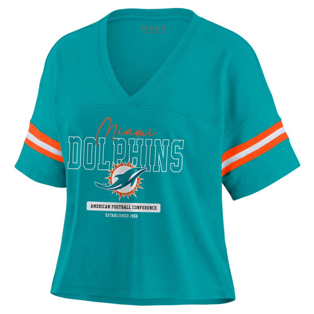 Miami Dolphins WEAR by Erin Andrews Women's Color Block Boxy Modest Crop V-Neck T-Shirt Aqua - NFL