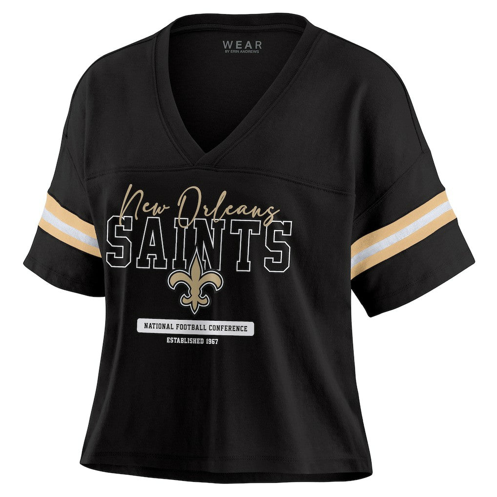 New Orleans Saints WEAR by Erin Andrews Women's Color Block Boxy Modest Crop V-Neck T-Shirt Black - NFL