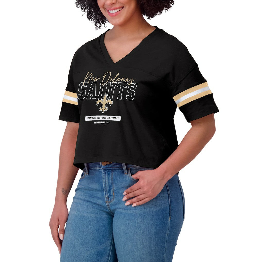 New Orleans Saints WEAR by Erin Andrews Women's Color Block Boxy Modest Crop V-Neck T-Shirt Black - NFL