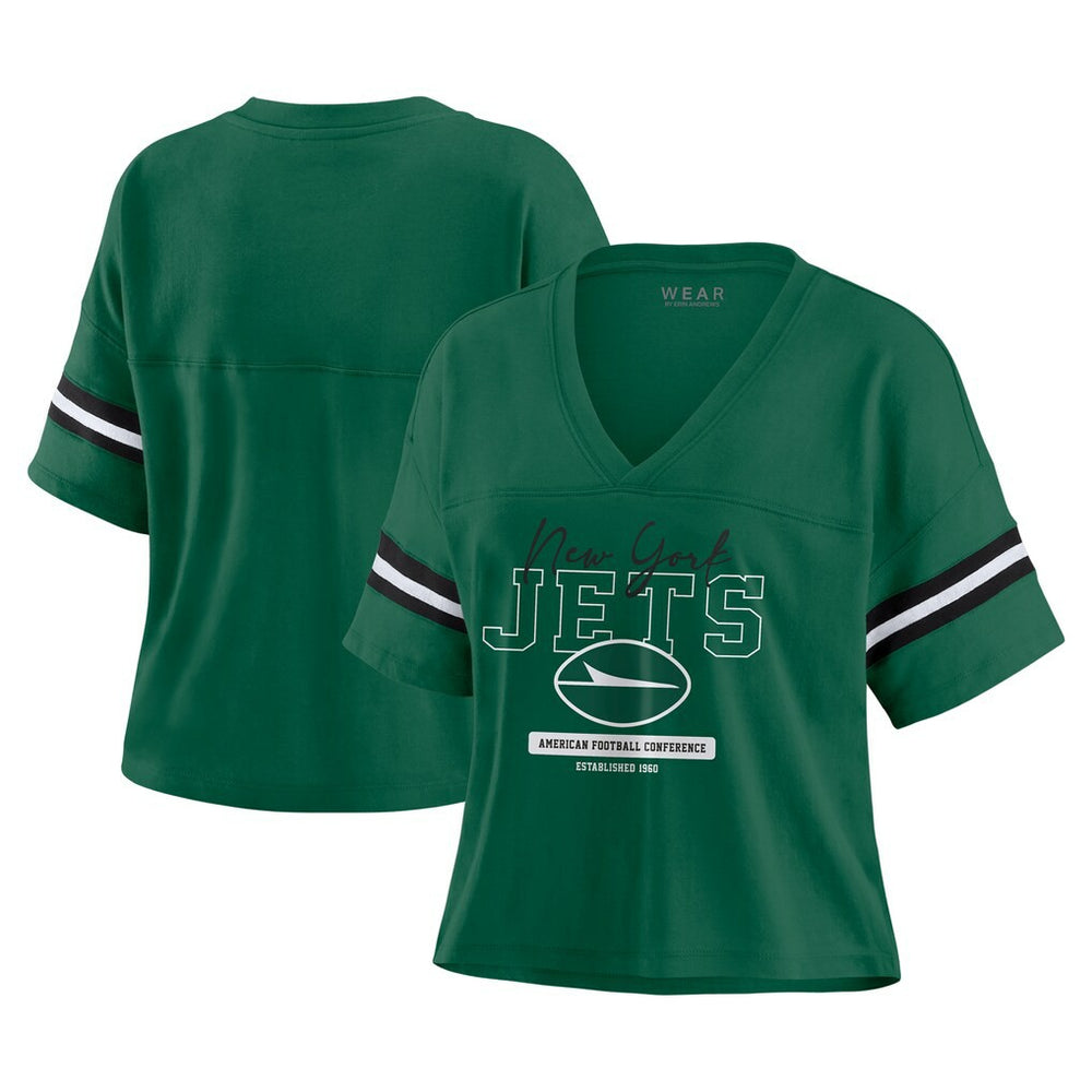 New York Jets WEAR by Erin Andrews Women's Color Block Boxy Modest Crop V-Neck T-Shirt Green - NFL