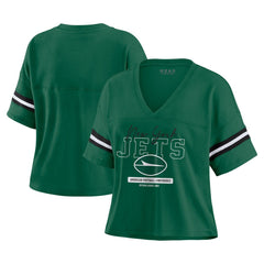 New York Jets WEAR by Erin Andrews Women's Color Block Boxy Modest Crop V-Neck T-Shirt Green - NFL