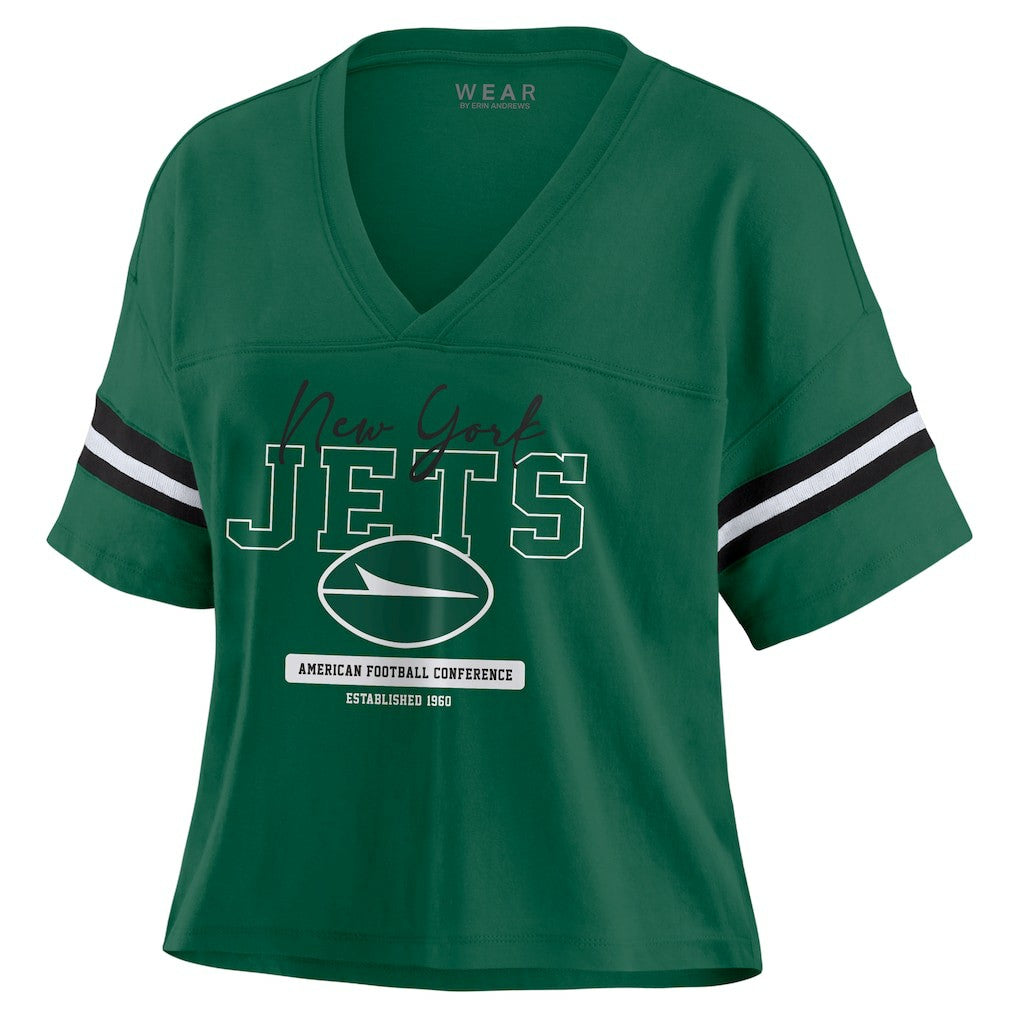 New York Jets WEAR by Erin Andrews Women's Color Block Boxy Modest Crop V-Neck T-Shirt Green - NFL