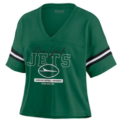 New York Jets WEAR by Erin Andrews Women's Color Block Boxy Modest Crop V-Neck T-Shirt Green - NFL