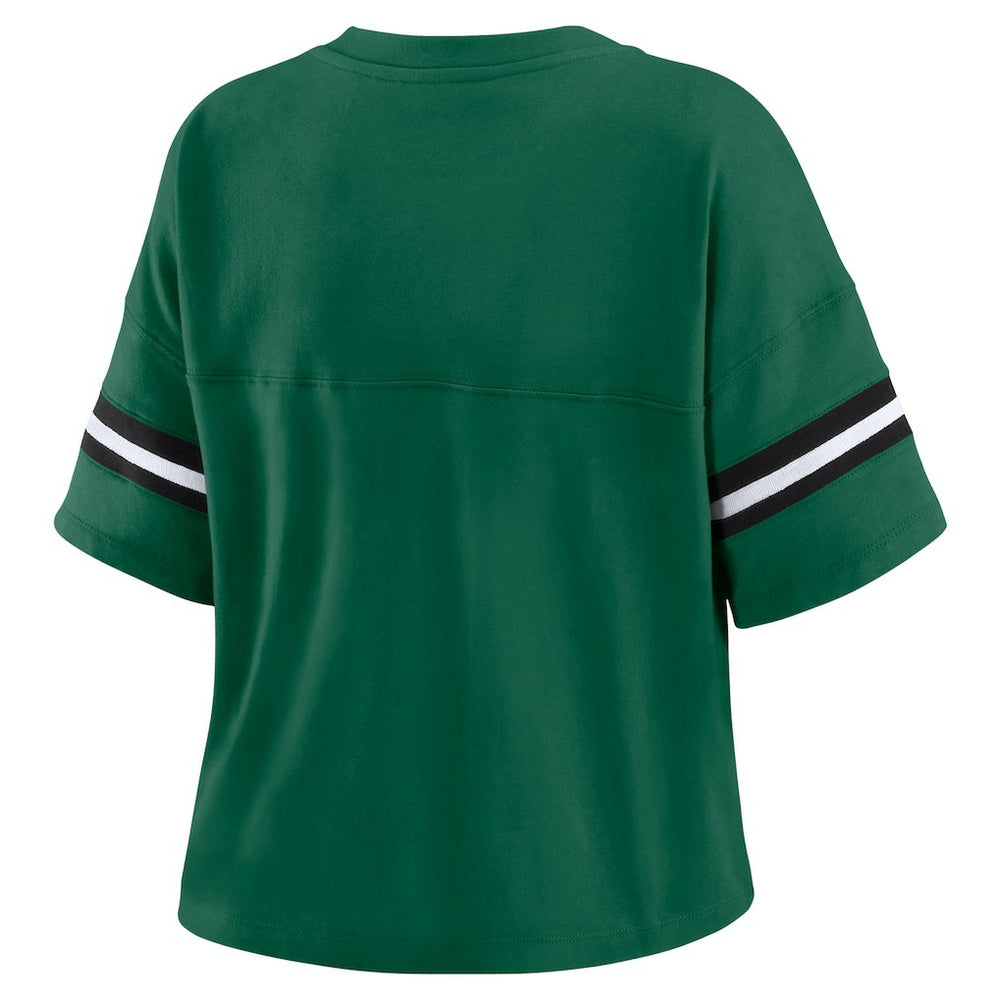 New York Jets WEAR by Erin Andrews Women's Color Block Boxy Modest Crop V-Neck T-Shirt Green - NFL