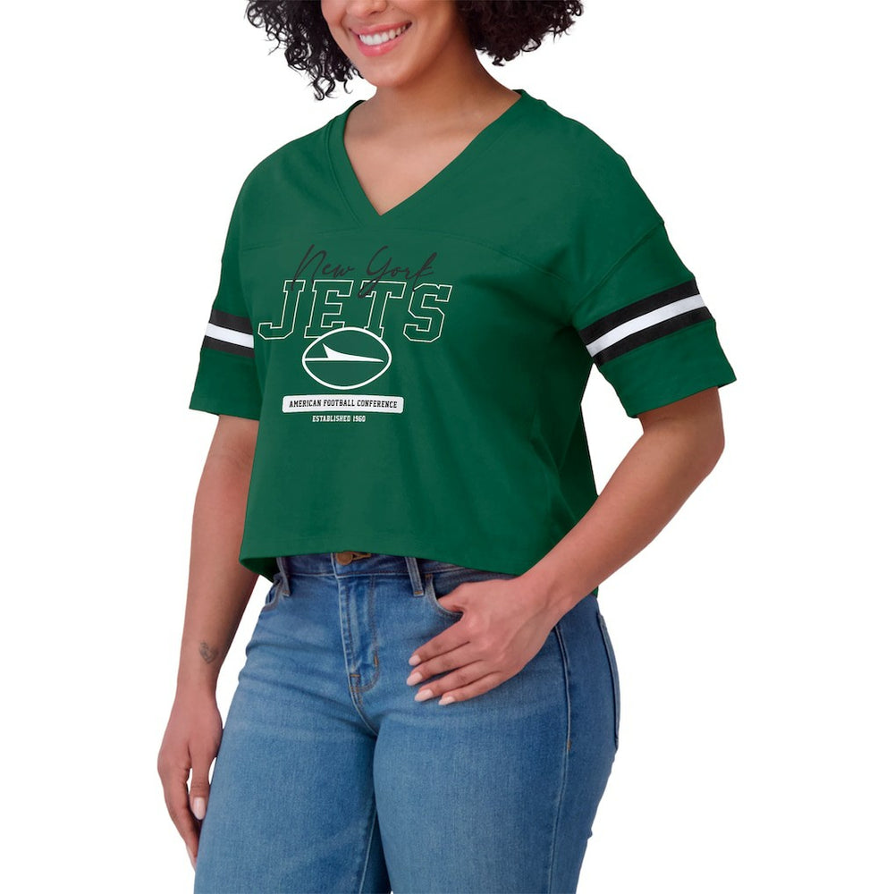 New York Jets WEAR by Erin Andrews Women's Color Block Boxy Modest Crop V-Neck T-Shirt Green - NFL