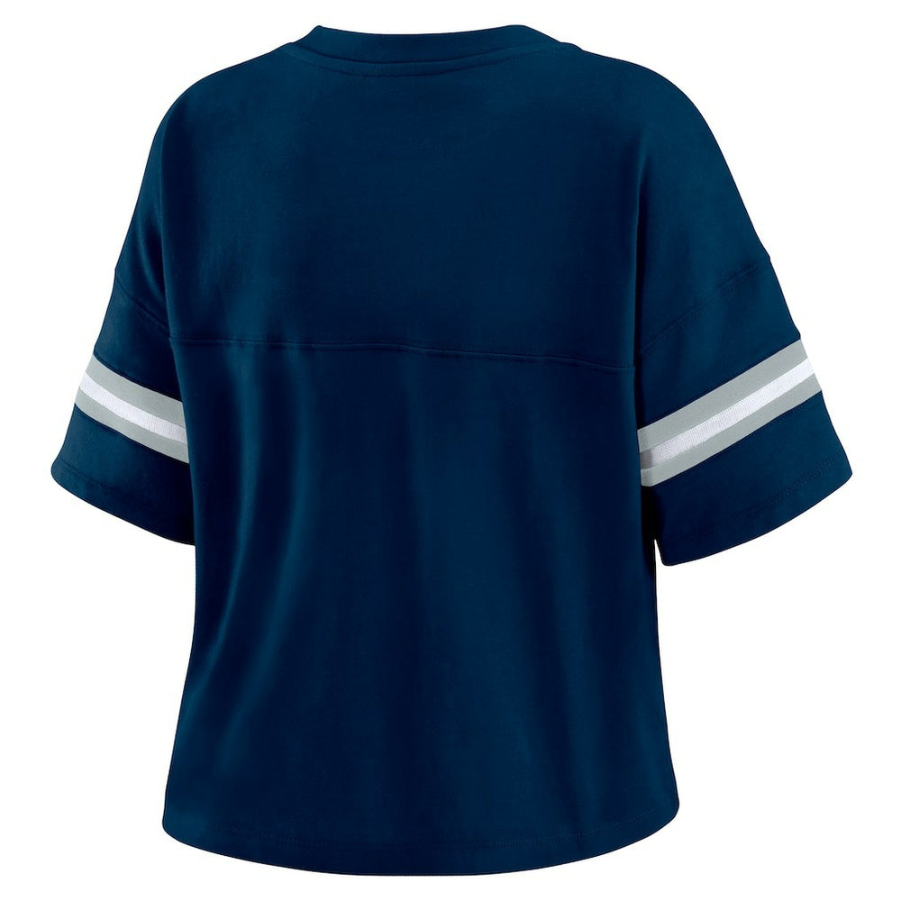 Dallas Cowboys WEAR by Erin Andrews Women's Color Block Boxy Modest Crop V-Neck T-Shirt Navy - NFL