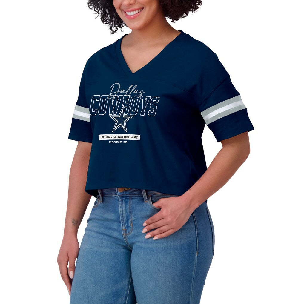 Dallas Cowboys WEAR by Erin Andrews Women's Color Block Boxy Modest Crop V-Neck T-Shirt Navy - NFL