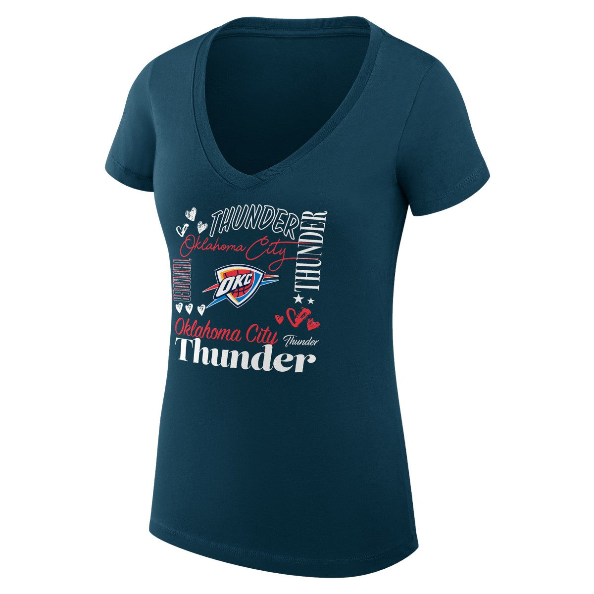 NBA - Oklahoma City Thunder G-III 4Her by Carl Banks Women's Super-Slim Fit Lightweight Team Name Collage Graphic V-Neck T-Shirt - Navy
