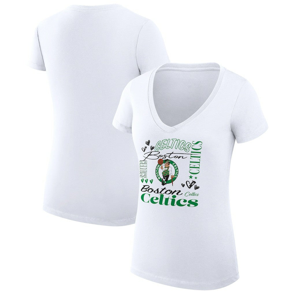 NBA - Boston Celtics G-III 4Her by Carl Banks Women's Super-Slim Fit Lightweight Team Name Collage Graphic V-Neck T-Shirt - White