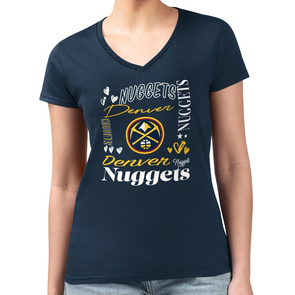 NBA - Denver Nuggets G-III 4Her by Carl Banks Women's Super-Slim Fit Lightweight Team Name Collage Graphic V-Neck T-Shirt - Navy