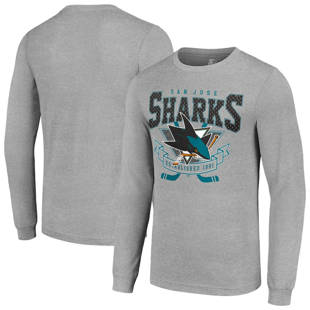San Jose Sharks - Starter '80s Inspired Team Logo Long Sleeve T-Shirt Heather Gray