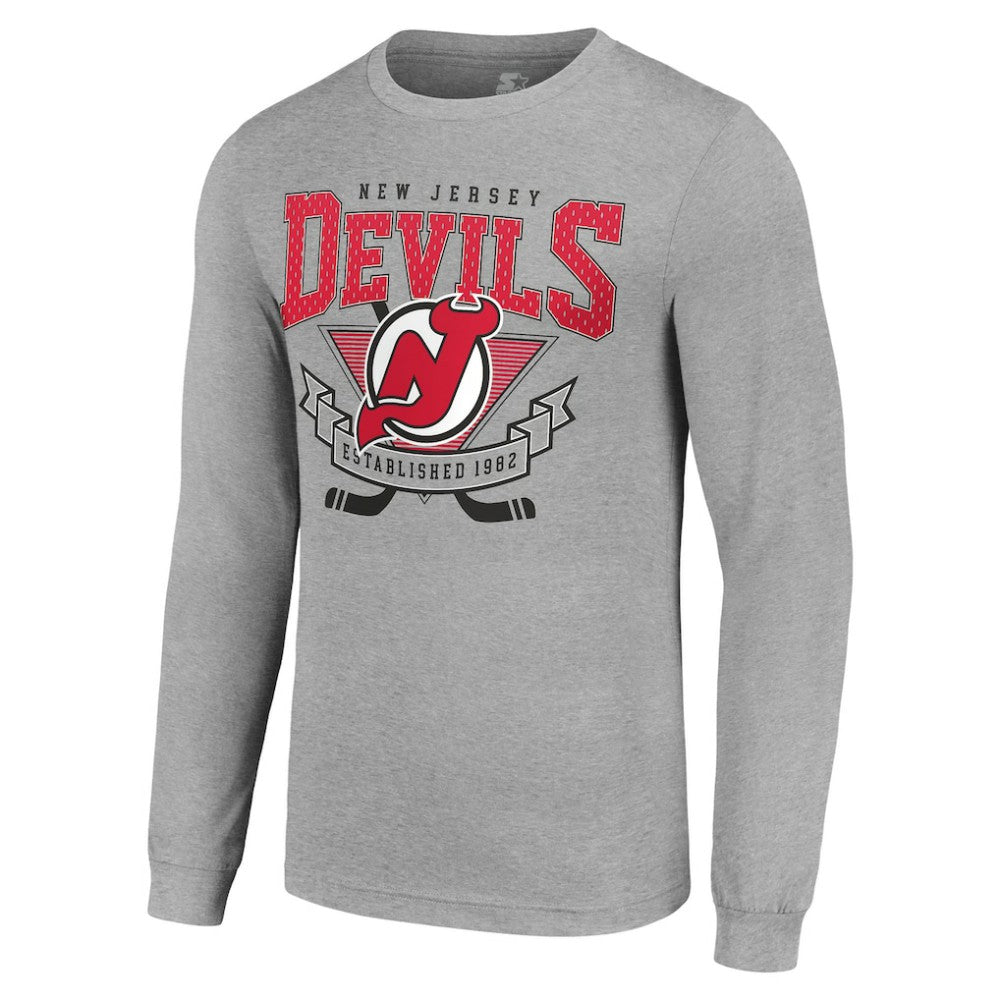 New Jersey Devils - Starter '80s Inspired Team Logo Long Sleeve T-Shirt Heather Gray