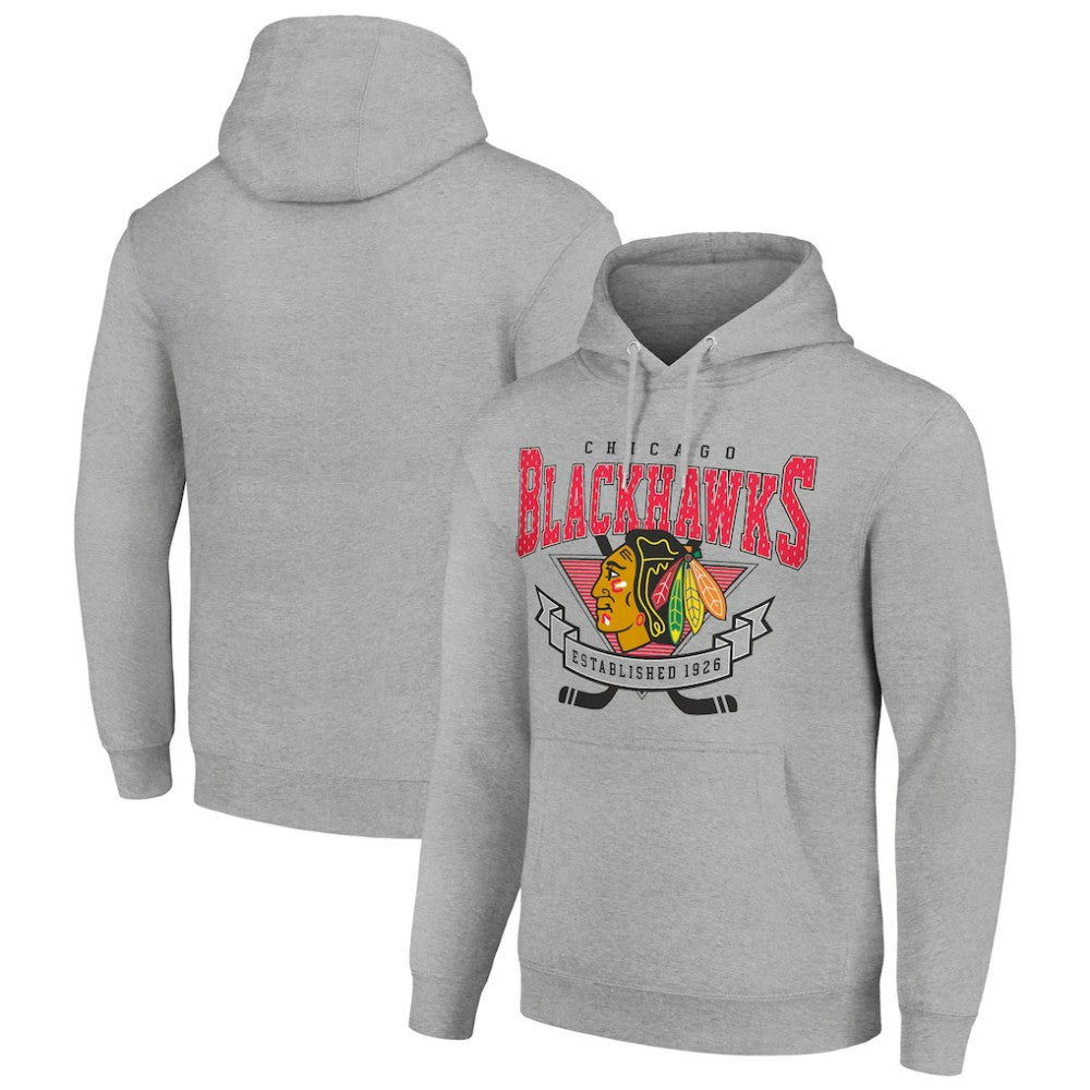 Chicago Blackhawks Starter Team Logo Graphic Fleece Tri-Blend Pullover Hoodie Heather Gray