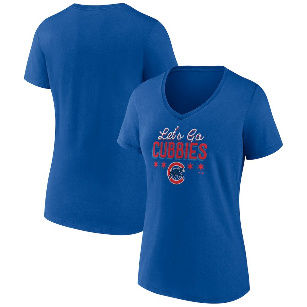 Chicago Cubs Women's Let's Go Cubbies V-Neck T-Shirt On Sale