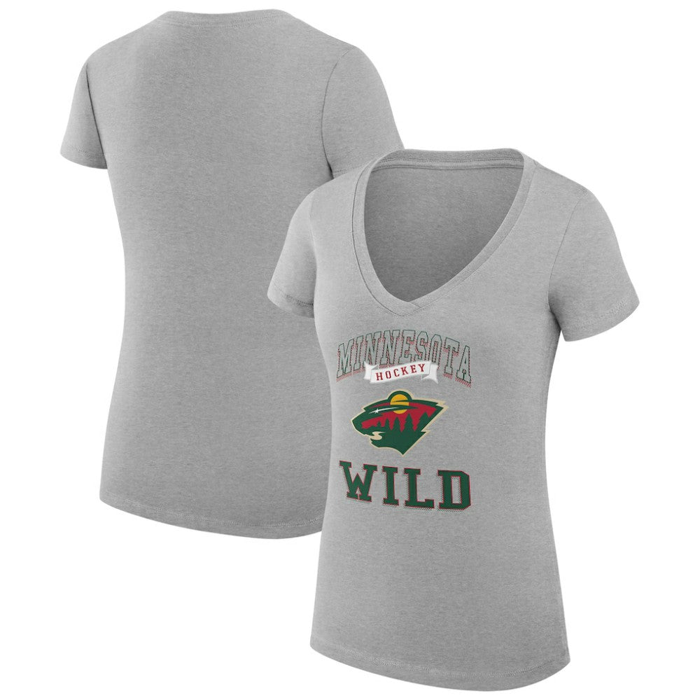 Minnesota Wild - G-III 4Her by Carl Banks Women's Super-Slim Fit Lightweight Team Logo Graphic V-Neck T-Shirt Heather Gray