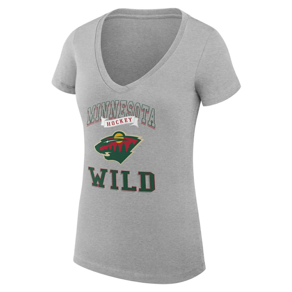 Minnesota Wild - G-III 4Her by Carl Banks Women's Super-Slim Fit Lightweight Team Logo Graphic V-Neck T-Shirt Heather Gray
