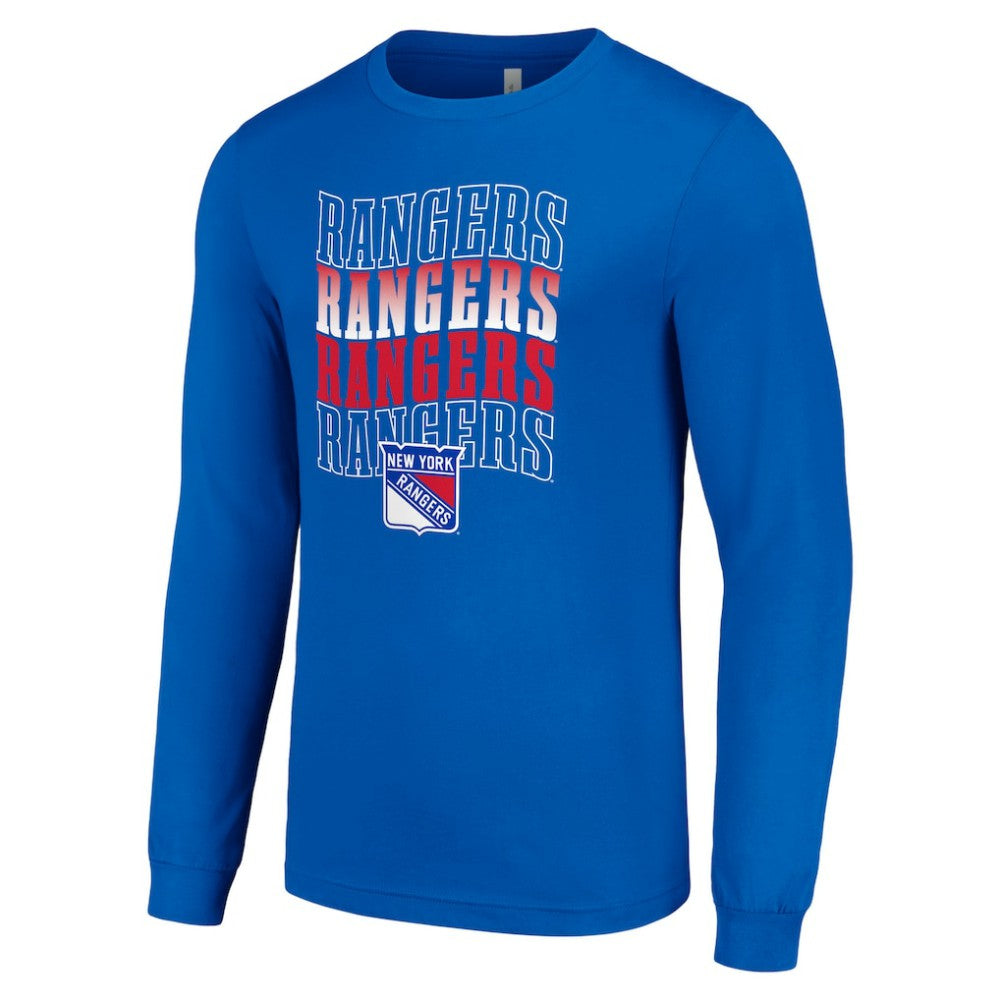 New York Rangers Starter Four Team Name Logo Long Sleeve Graphic T-Shirt Blue