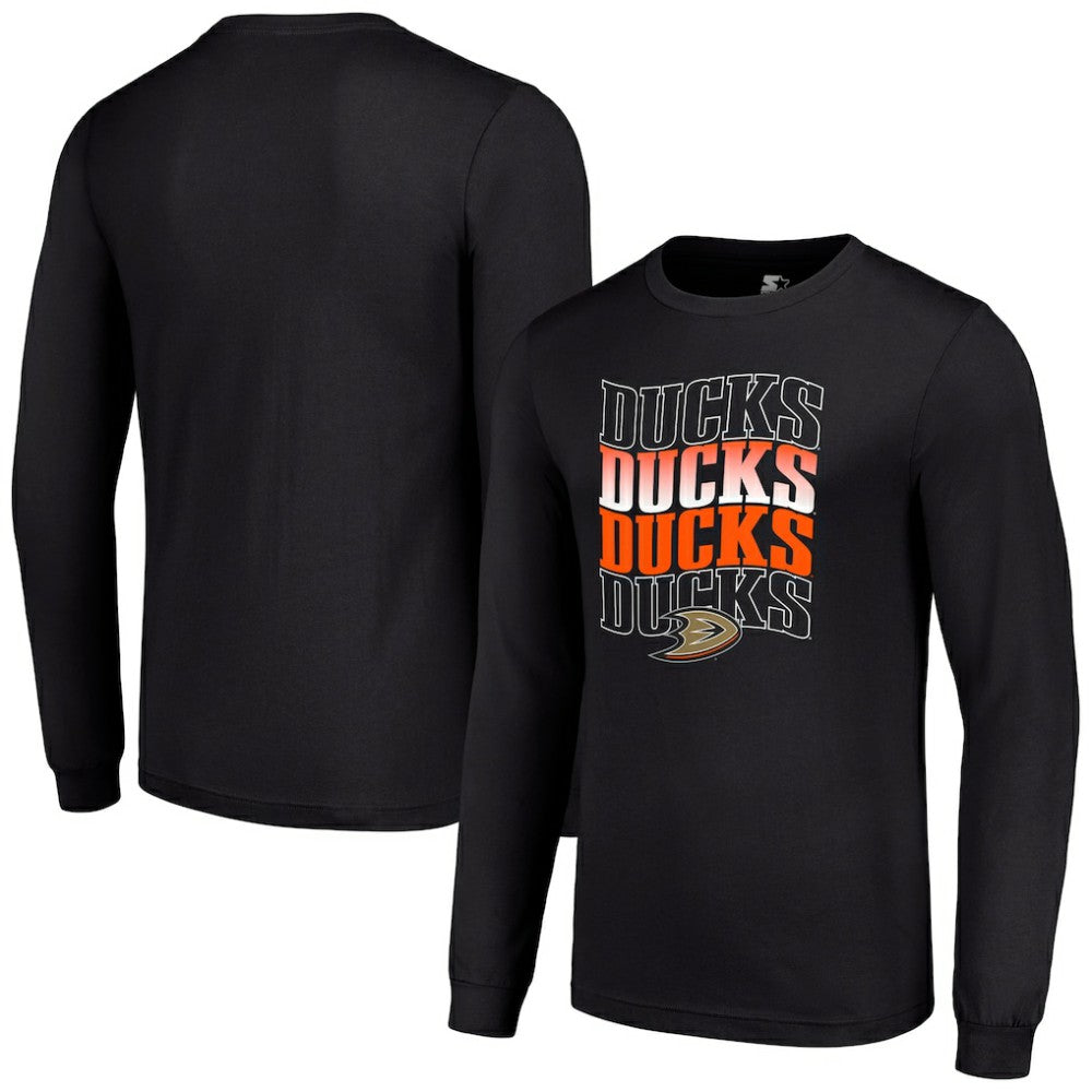 Anaheim Ducks - Starter Four Team Name Logo Long Sleeve Graphic T-Shirt Black