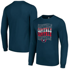 Washington Capitals Starter Four Team Name Logo Long Sleeve Graphic T-Shirt Navy
